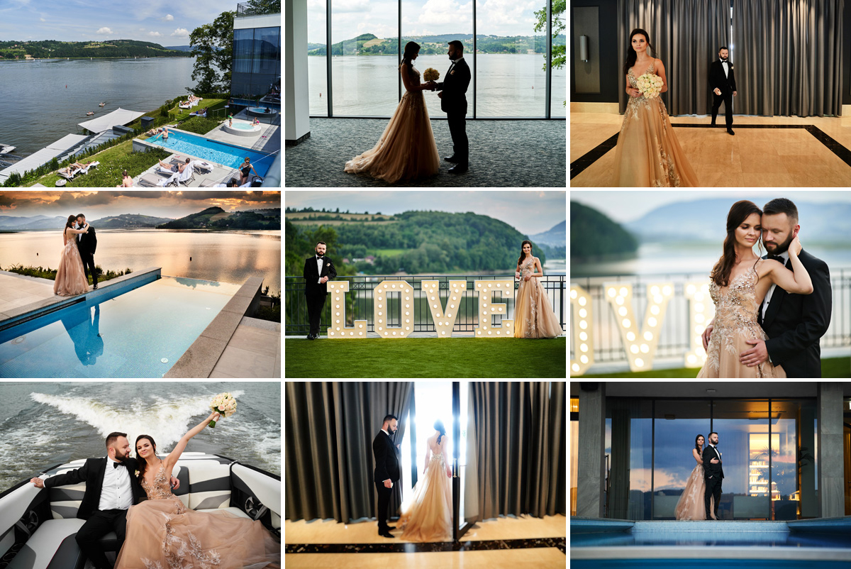 wesele heron live hotel, sesja plenerowa w hotelu heron live hotel, przygotowania do ślubu w hotelu nad dunajcem, sesja ślubna na basenie w hotelu heron live hotel, motorówka hotelowa heron live hotel